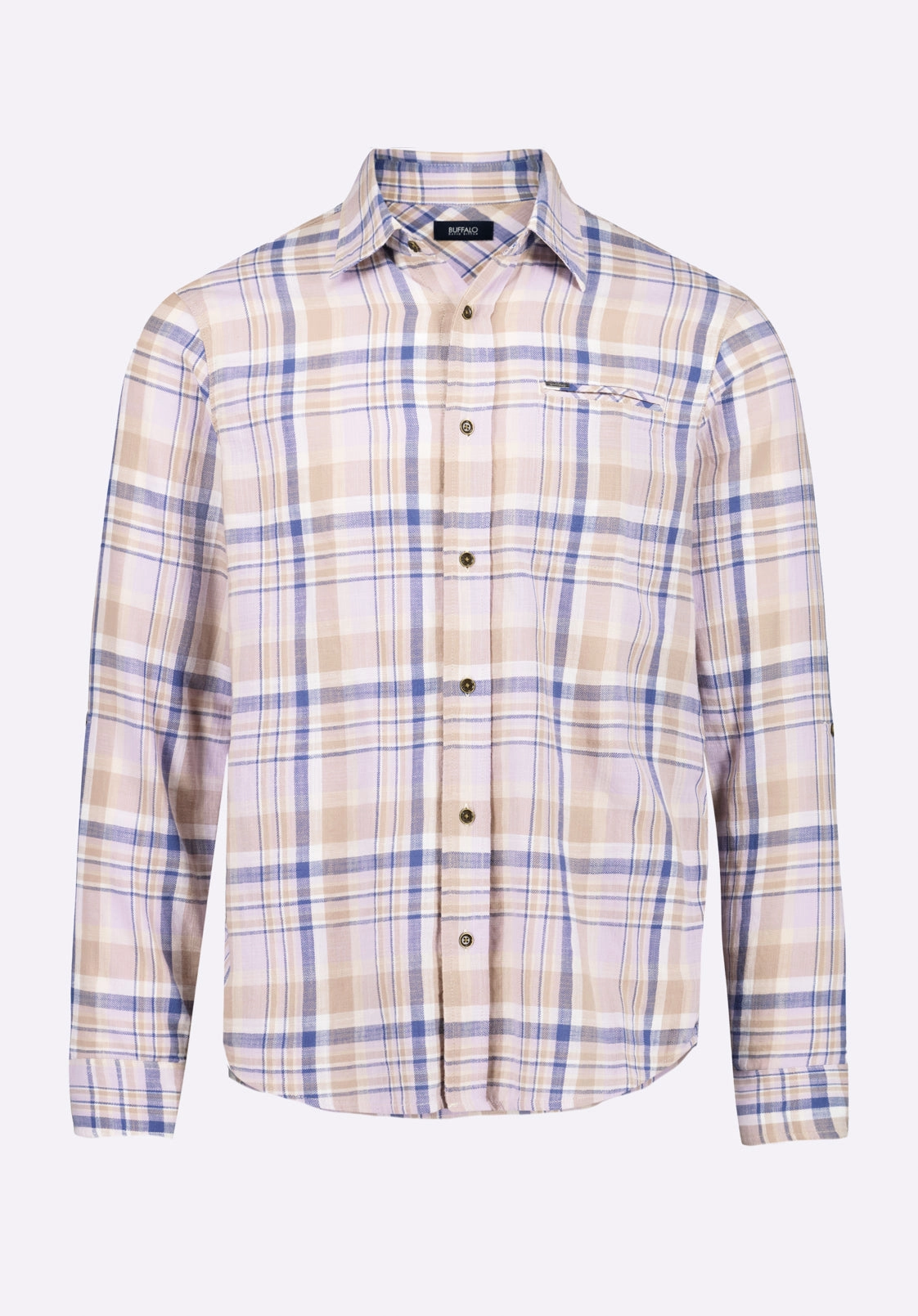 Simbio Men's Long-Sleeve Plaid Fitted Shirt, Beige & Blue - BM24596 Cooling Mesh Lining