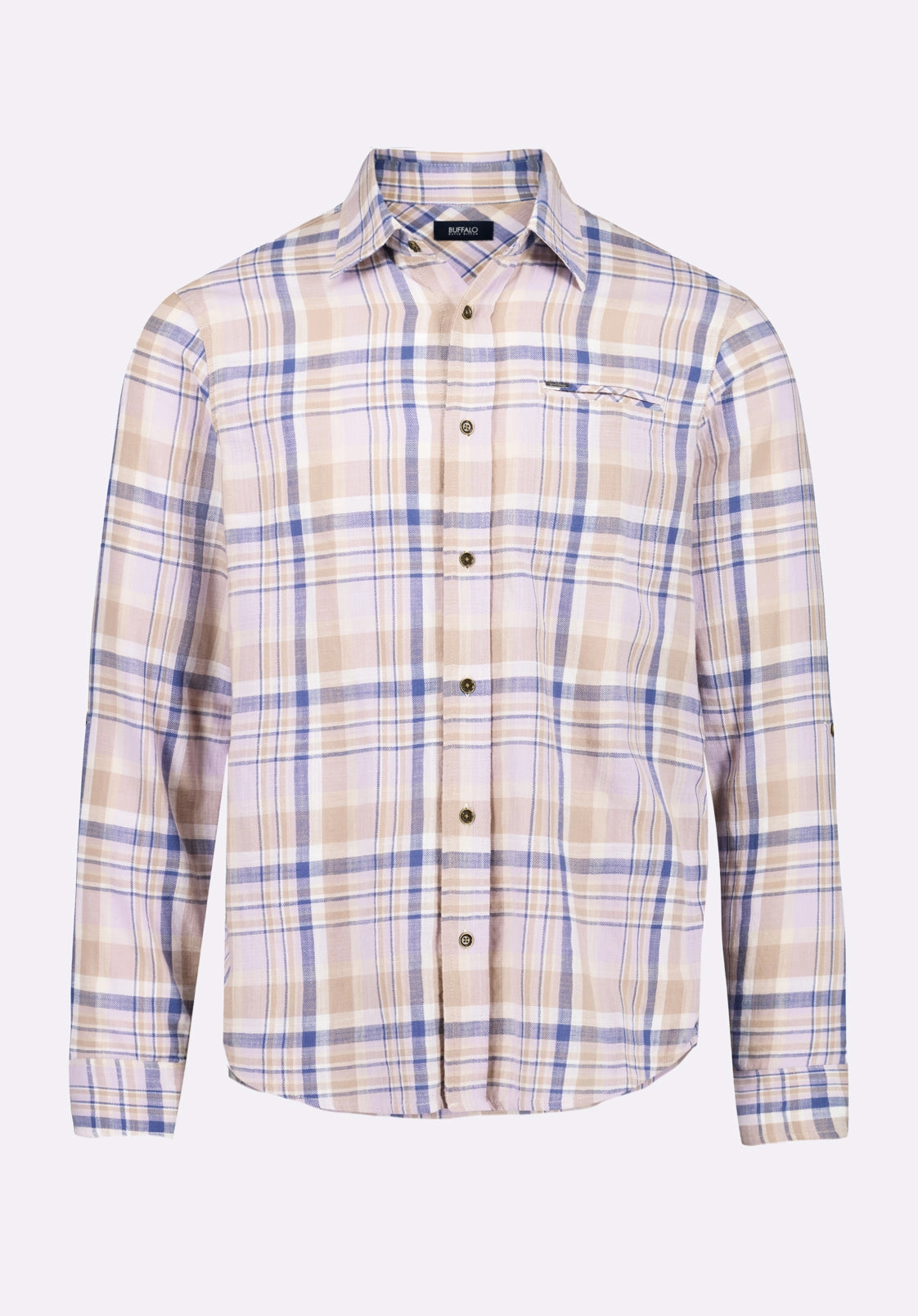 Simbio Men's Long-Sleeve Plaid Fitted Shirt, Beige & Blue - BM24596 Matte Look Tailored Style