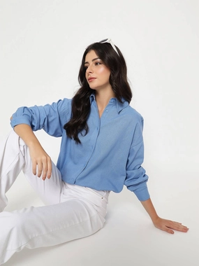 Button-up Spring Trend Madame Linen Blend Solid Cobalt Blue Shirt