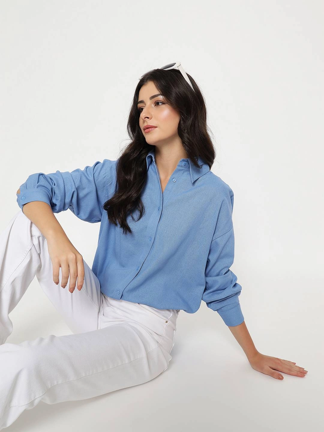 Button-up Spring Trend Madame Linen Blend Solid Cobalt Blue Shirt