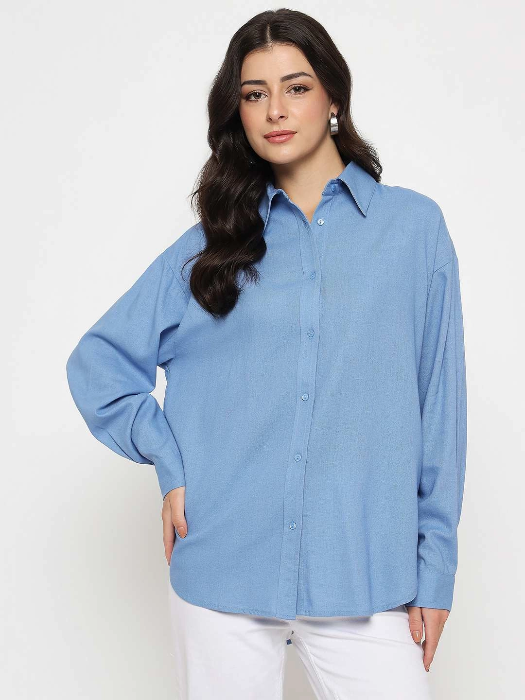 Madame Linen Blend Solid Cobalt Blue Shirt Subtle design