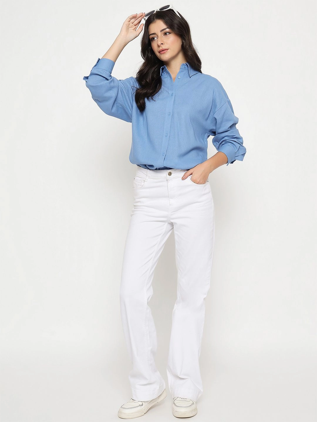 Madame Linen Blend Solid Cobalt Blue Shirt Ventilated Back Panel Breathable fabric