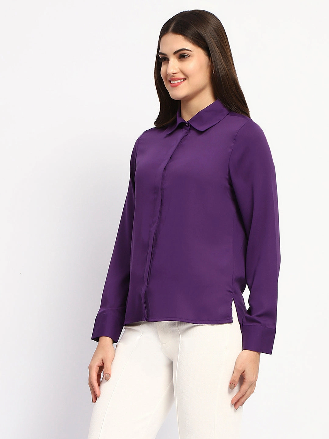 Modern Look Contemporary Look Madame Solid Purple Cuff Sleeve Shirt