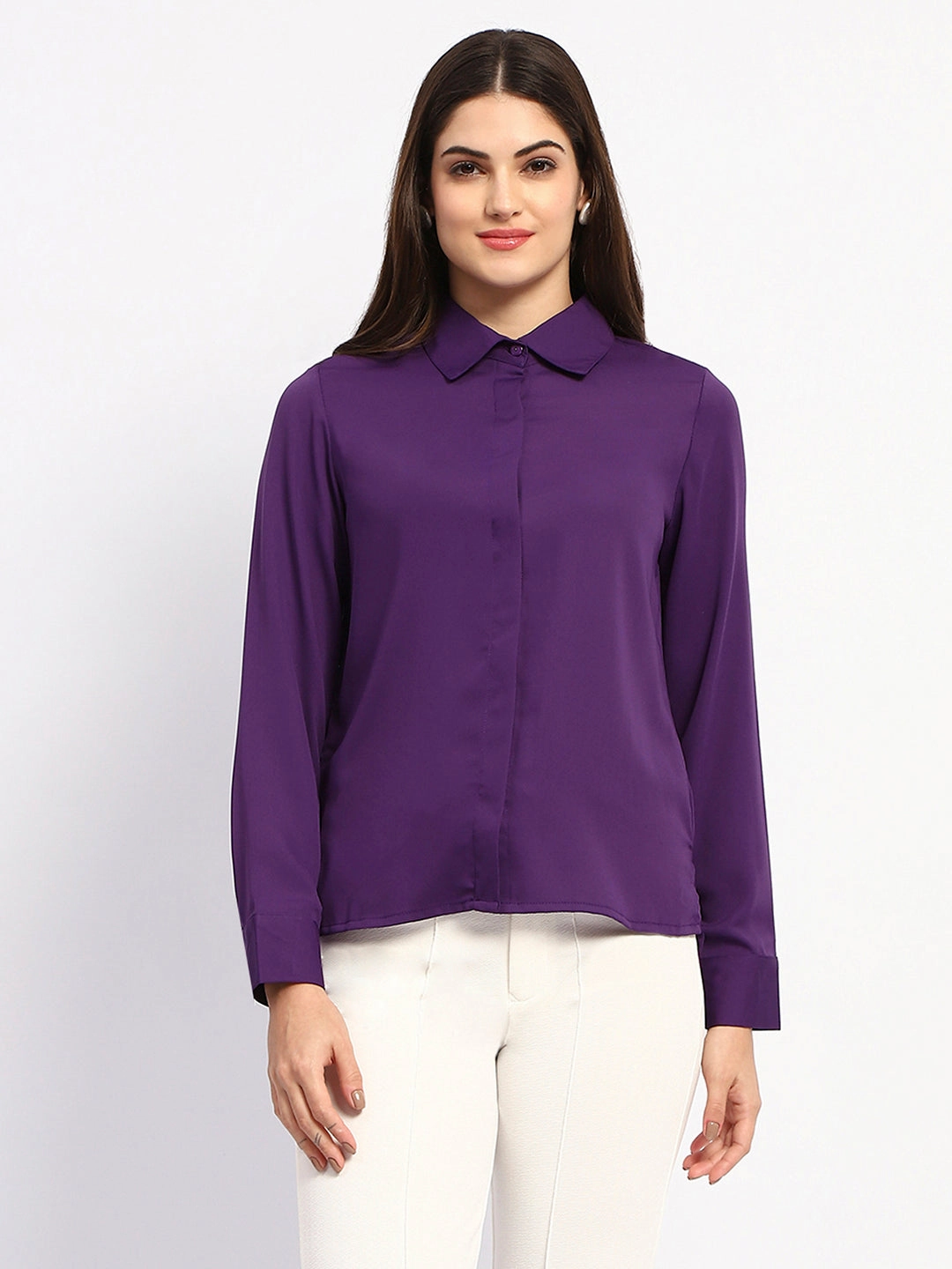 Formal Elegance Polished Look Madame Solid Purple Cuff Sleeve Shirt