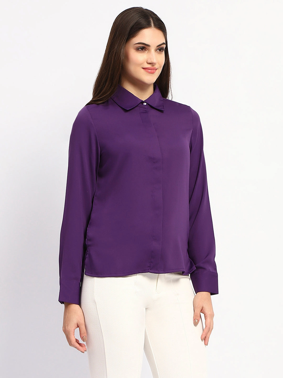 Trendy Fit Madame Solid Purple Cuff Sleeve Shirt