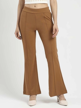 Madame Side Zipper Flared Coffee Brown Knitted Moss Trousers Form Fitting