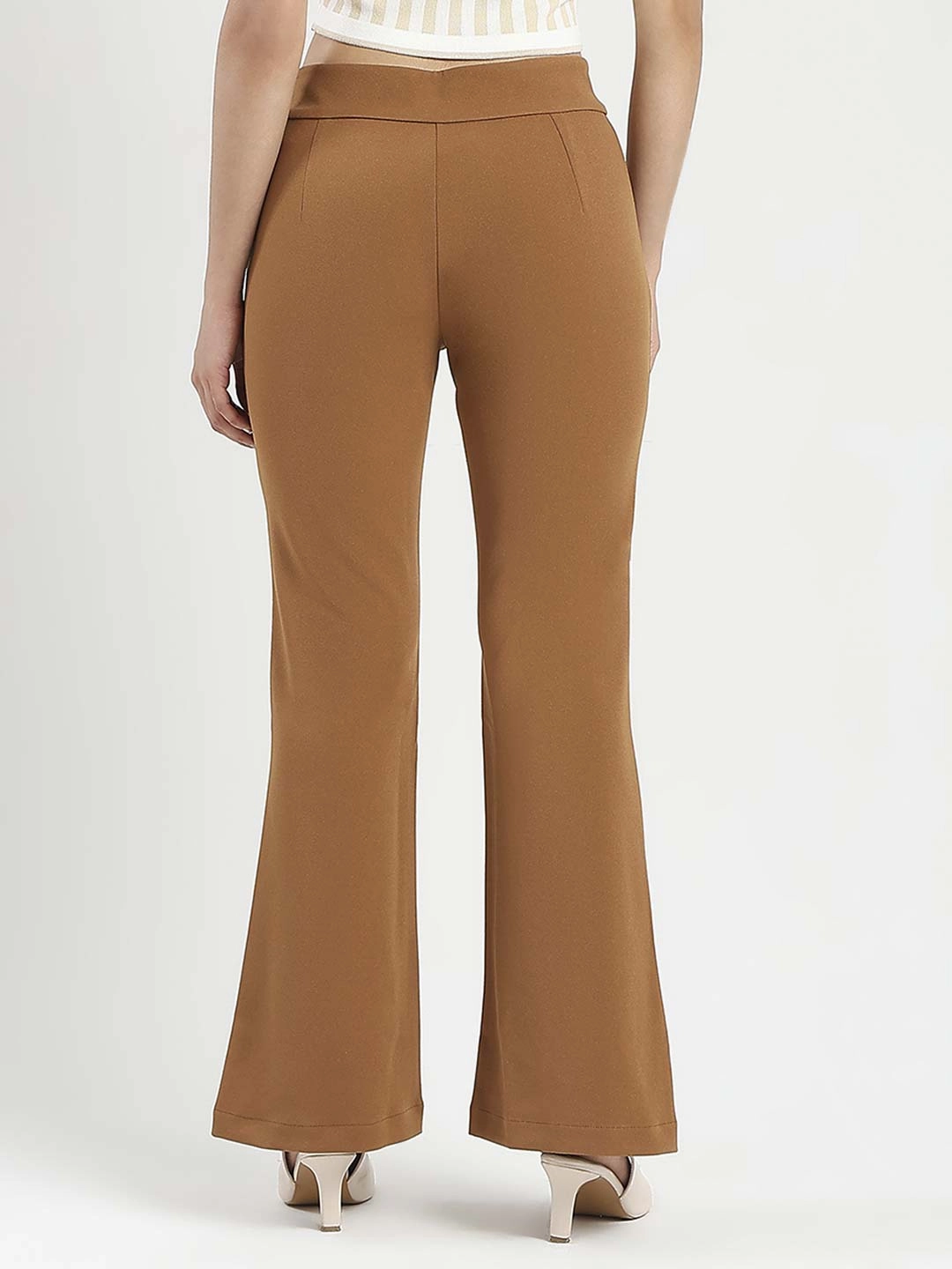 Madame Side Zipper Flared Coffee Brown Knitted Moss Trousers Lounge-friendly