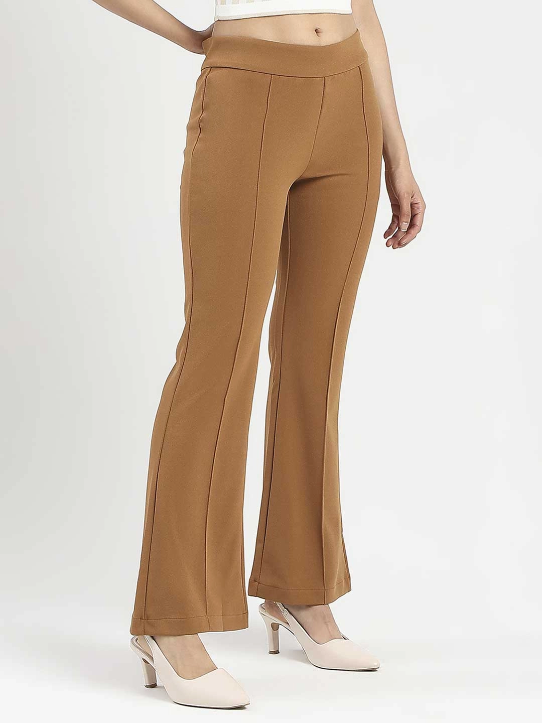 Madame Side Zipper Flared Coffee Brown Knitted Moss Trousers Movement Ready Fit Tough Materials
