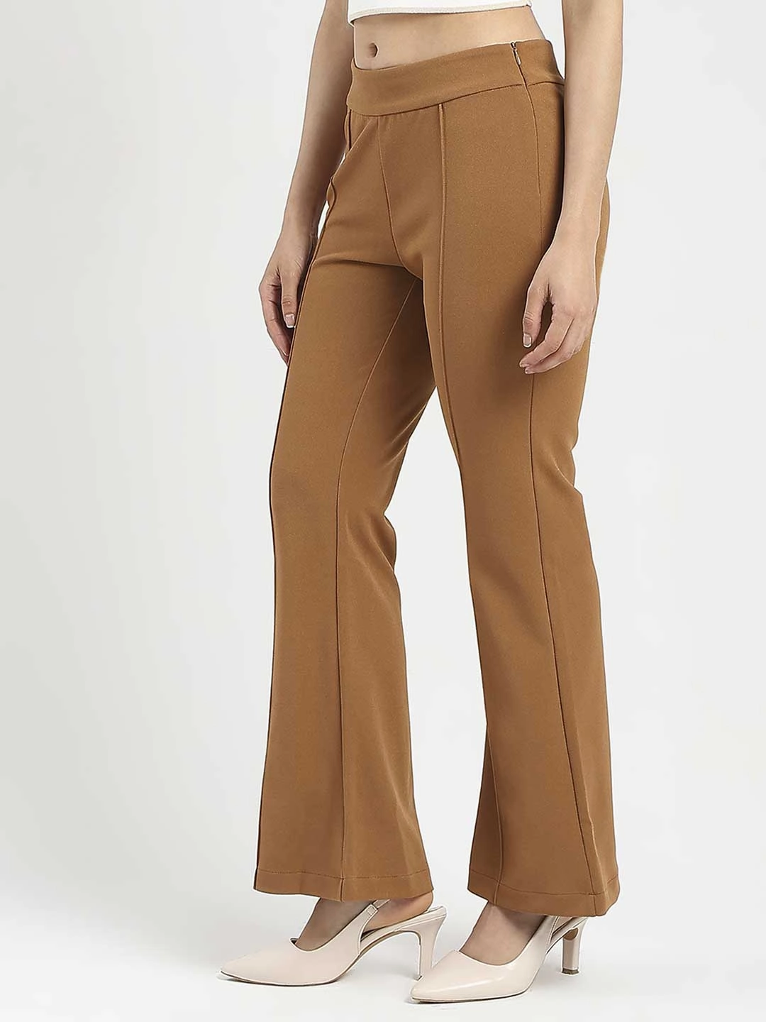 Trendy Layering FlexibleMobilityDesign Madame Side Zipper Flared Coffee Brown Knitted Moss Trousers