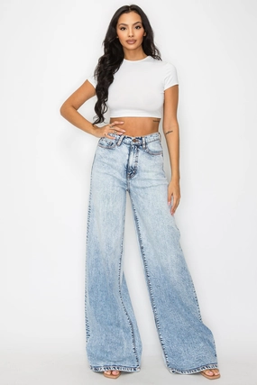 Party Look Urban Explorer Non Irritating Inner Lining 40734 High Rise Acid Washed Down Wide Leg Jeans
