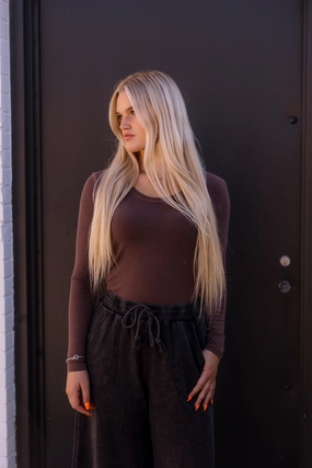 Gypsy Ribbed Scoop Neck Long Sleeve | Chocolate Microfiber Material