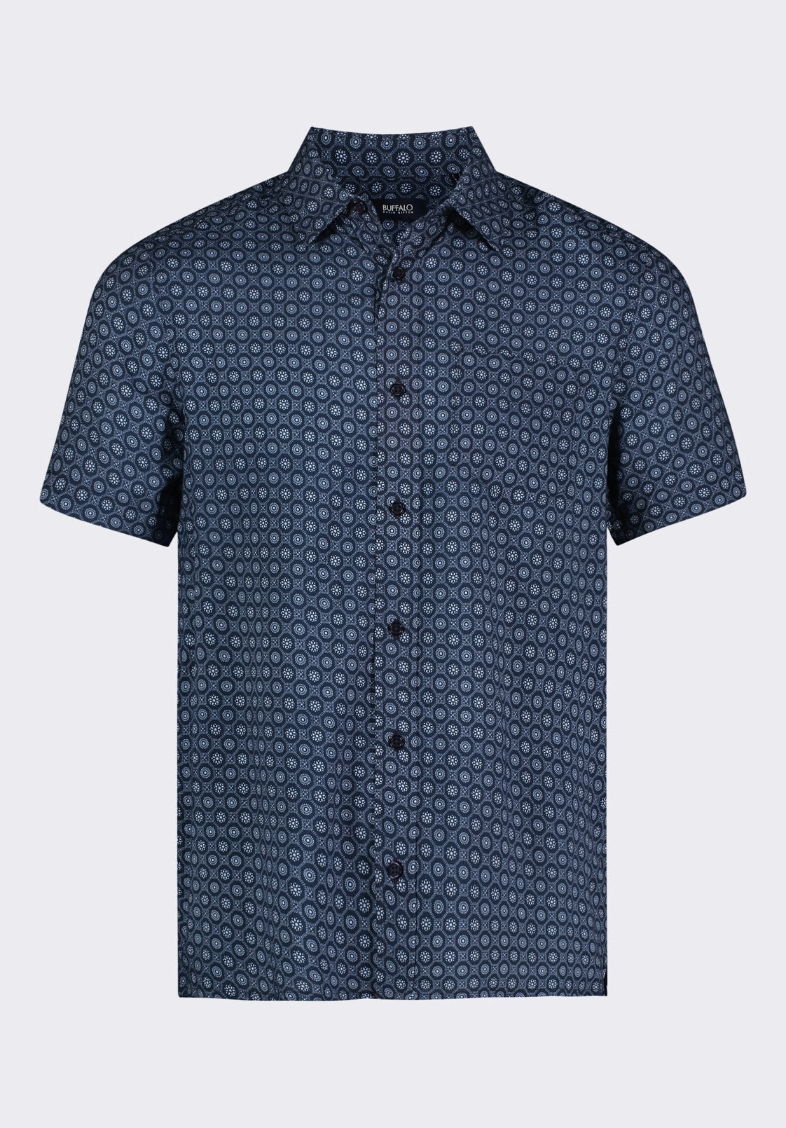 Sirilo Men's Short Sleeve Fitted Shirt with Geometric Print, Midnight Blue - BM24653 Hidden Button Placket Unstructured Shoulder