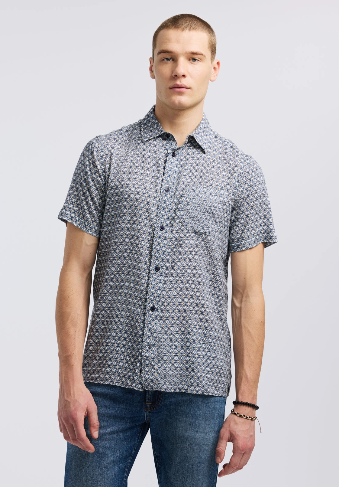 Subtle Print Sirilo Men's Short Sleeve Fitted Shirt with Geometric Print, Moonlight Blue - BM24652