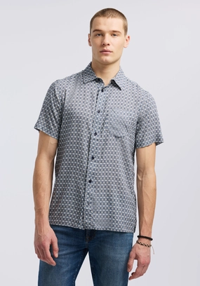 Subtle Print Sirilo Men's Short Sleeve Fitted Shirt with Geometric Print, Moonlight Blue - BM24652