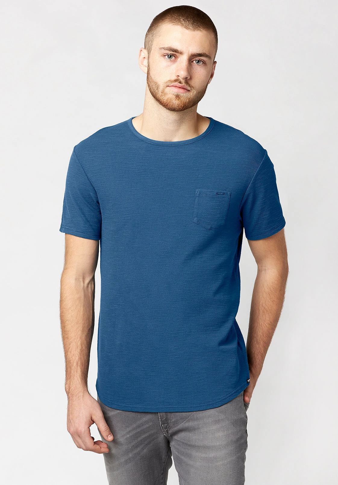 Kisory Waffle Men's T-Shirt in in Blue - BM23481 Reflective Logo Detail Double Chest Pocket