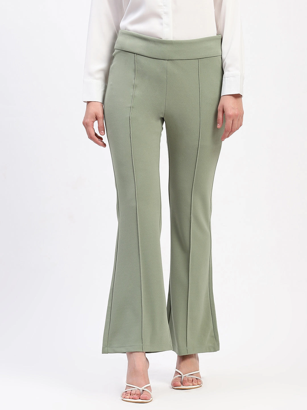 Slim Shape Madame Pleated Elasticated Waist Solid Mint Trousers