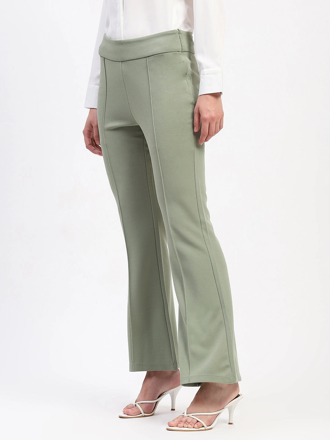 Madame Pleated Elasticated Waist Solid Mint Trousers Classy Fit OdorResistantFinish