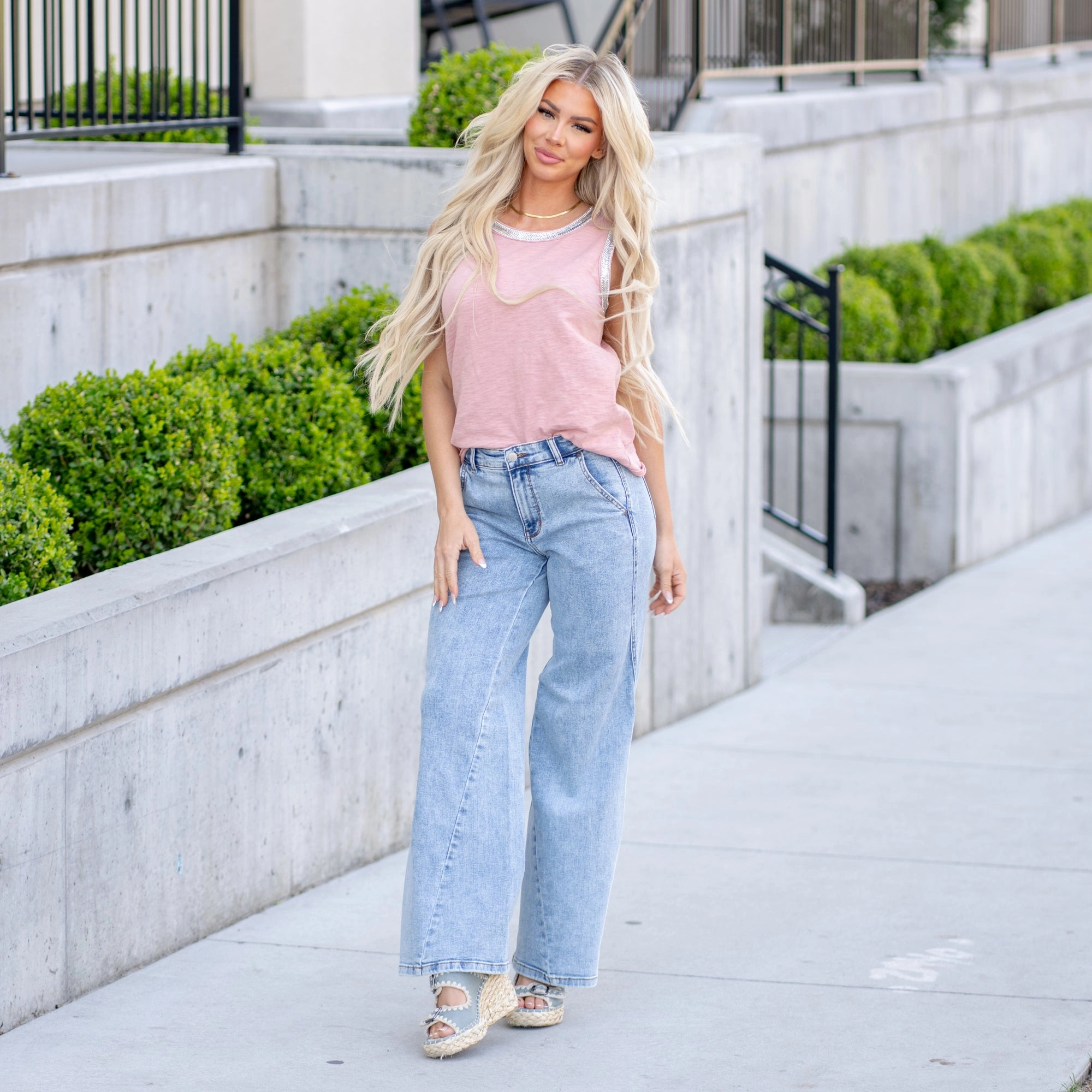 Relaxed Style Outdoor Enthusiast Evening Stroll Twisted Inseam Stone Wash High Rise Wide Leg Regular & Plus Sizes