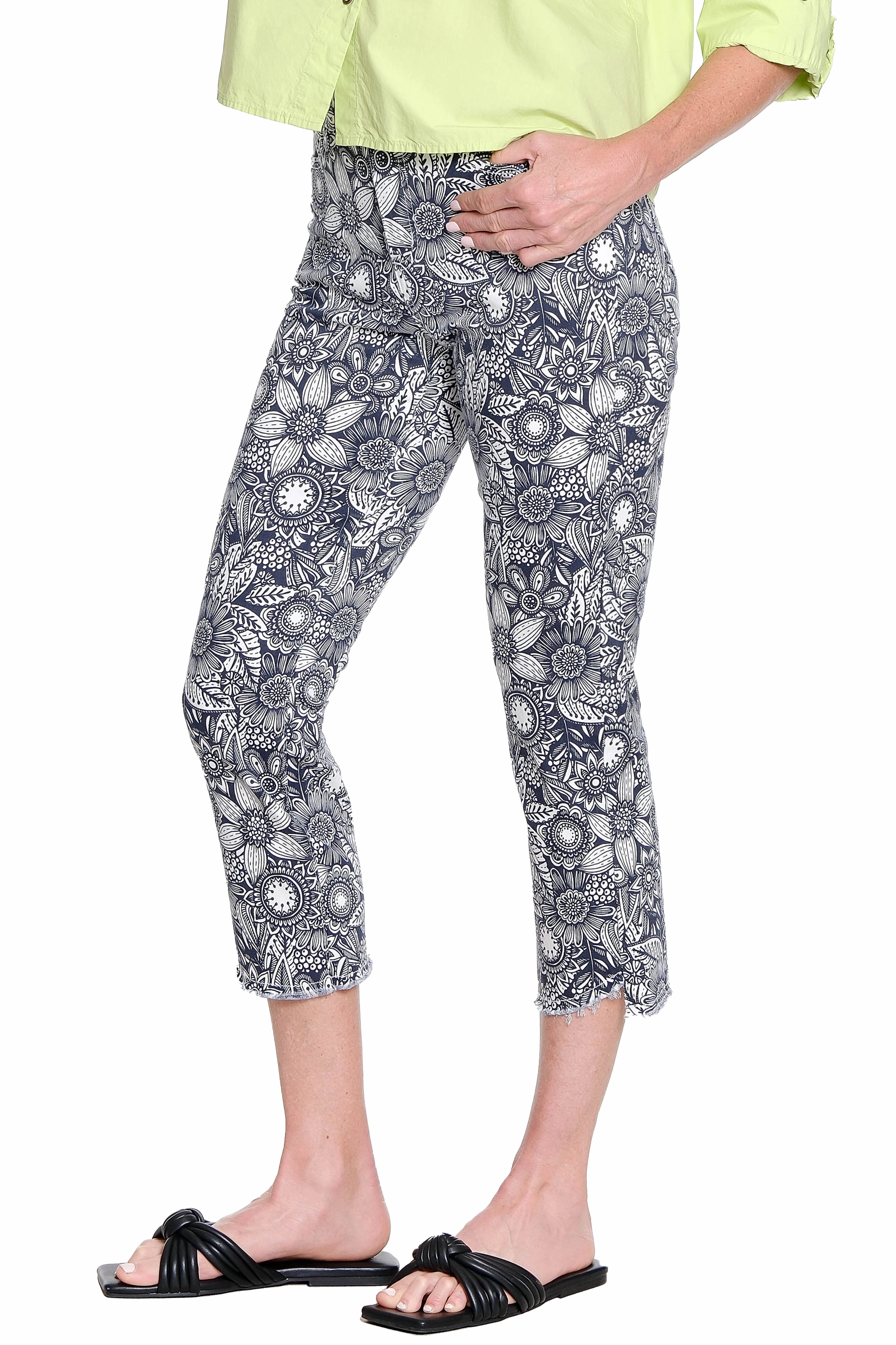 Asymmetrical Printed Crop Step Fray Hem Jean - Black Floral Daily Function Cool Outfitters