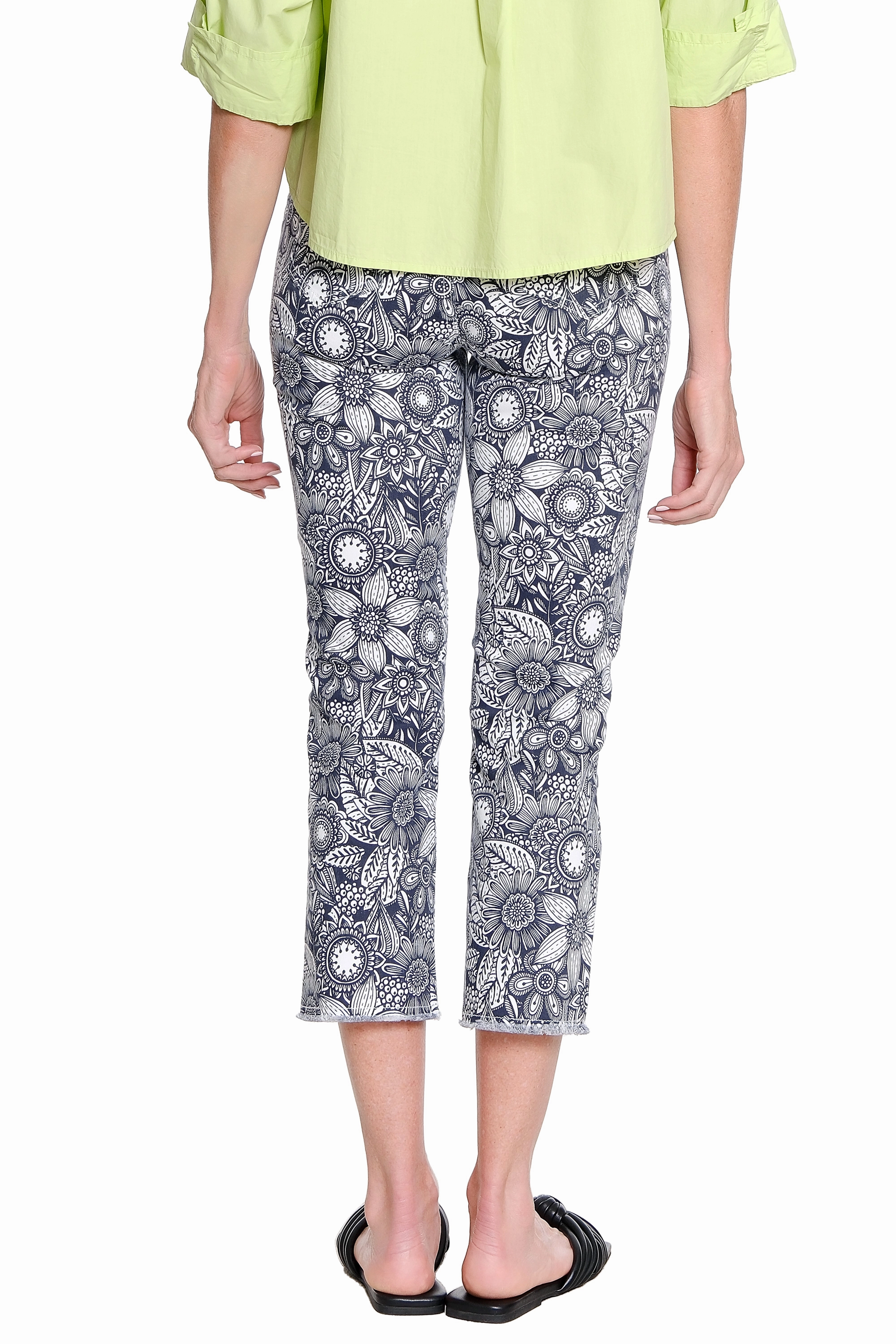 Weekend Warrior Luxury Athlete Fit Asymmetrical Printed Crop Step Fray Hem Jean - Black Floral