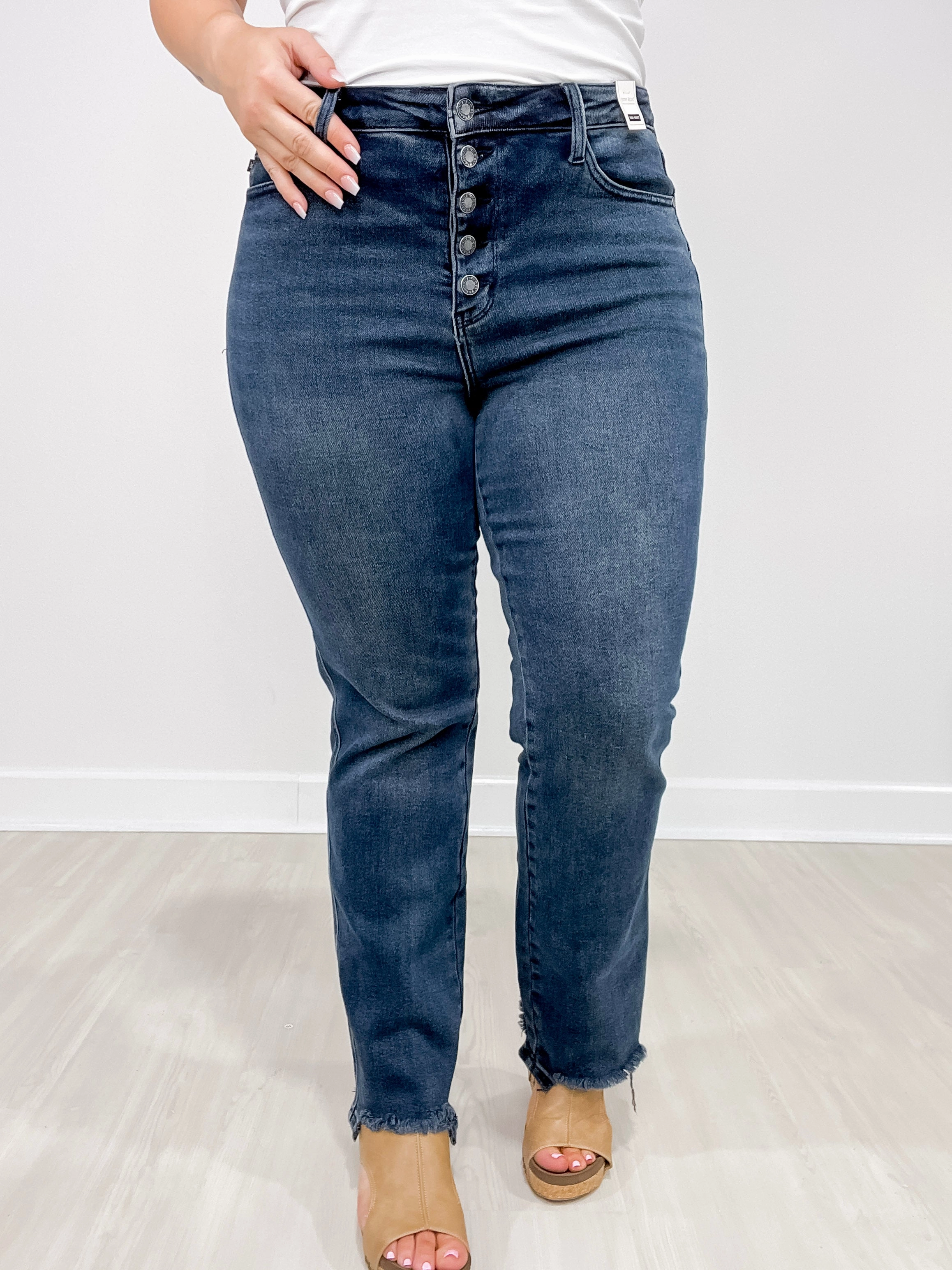 Trend Setter Sunny Vibes Judy Blue JOURNEY Hi-Rise Button Fly Distressed Hem Straight Denim Jeans