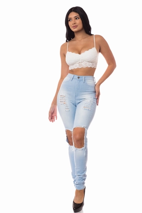 4243 Super High Waisted Distressed Skinny Jeans with Cut Outs Mid Rise Fit