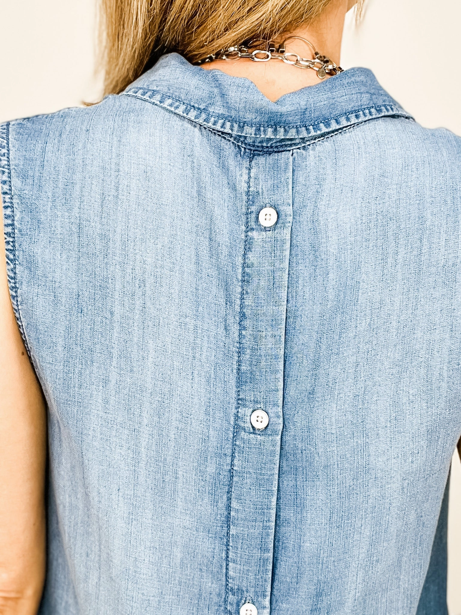 Sleeveless Collared Button-Down Front and Back Denim Top FrictionResistantEdges AbrasionResistantEdging