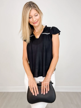 Comfortable Design Sleeveless Contrast Embroidery Ruffle Detail Front Tie Top