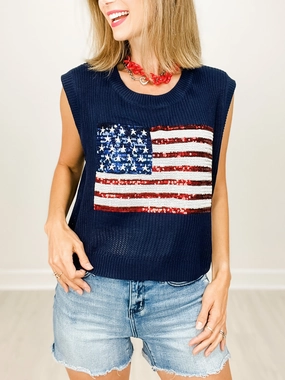 Sleeveless Knit Top with Sequin American Flag Layered Shoulder