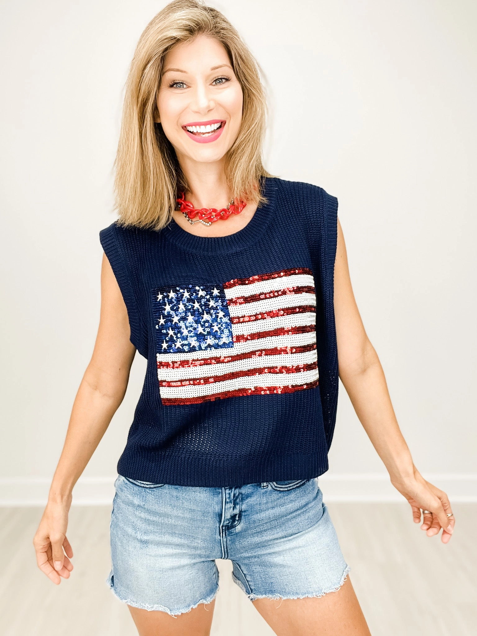 Sleeveless Knit Top with Sequin American Flag Roll Up Sleeve System