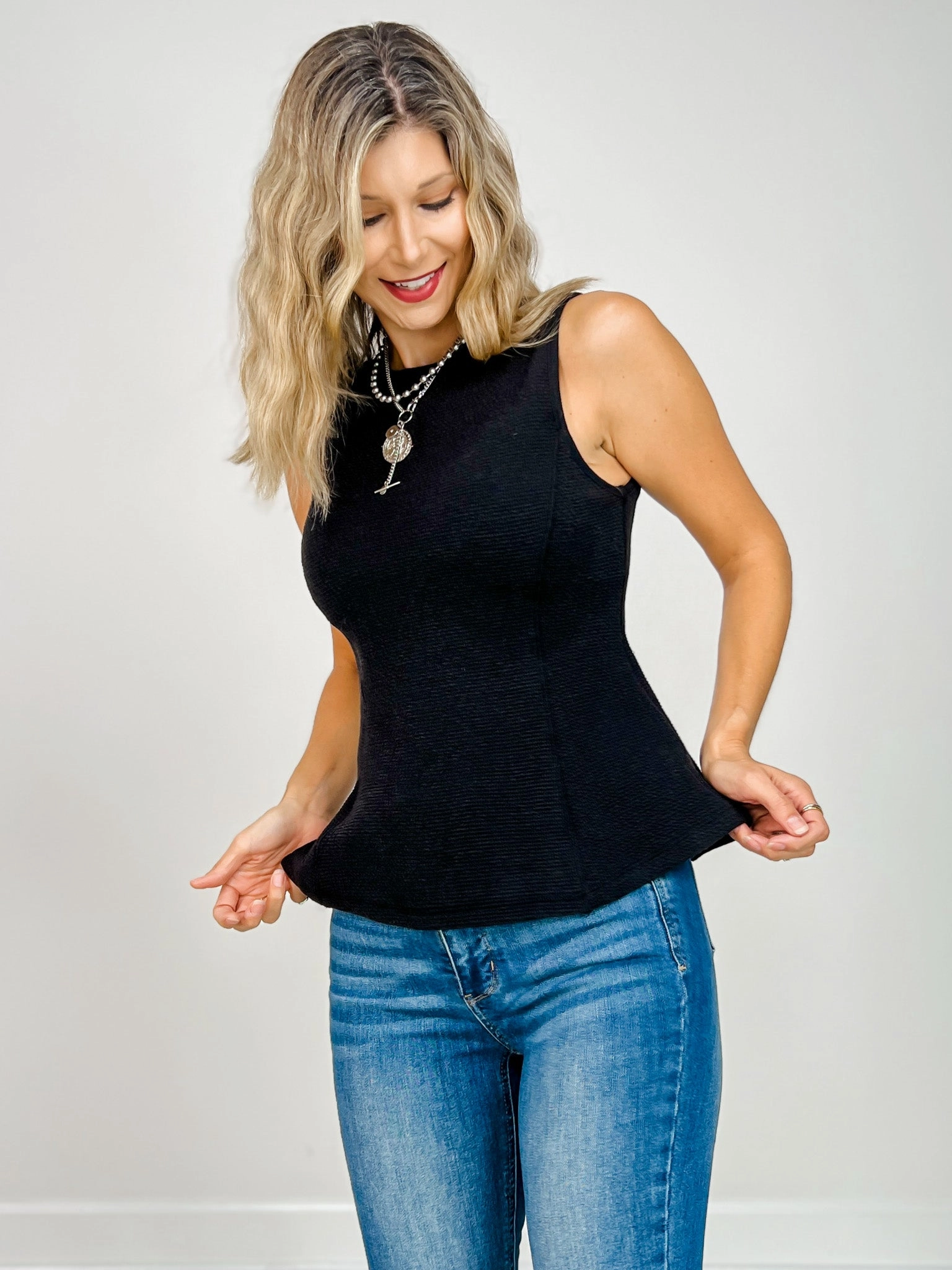 Sleeveless Round Neck Peplum Cloudy Knit Top Yarn Dyed Stripes CrossGrain Fabric