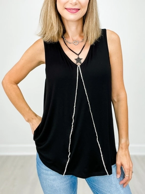 MultiDirectionalStretch CroppedLength Sleeveless V-Neckline Top with Vertical Stone Trim Down Front