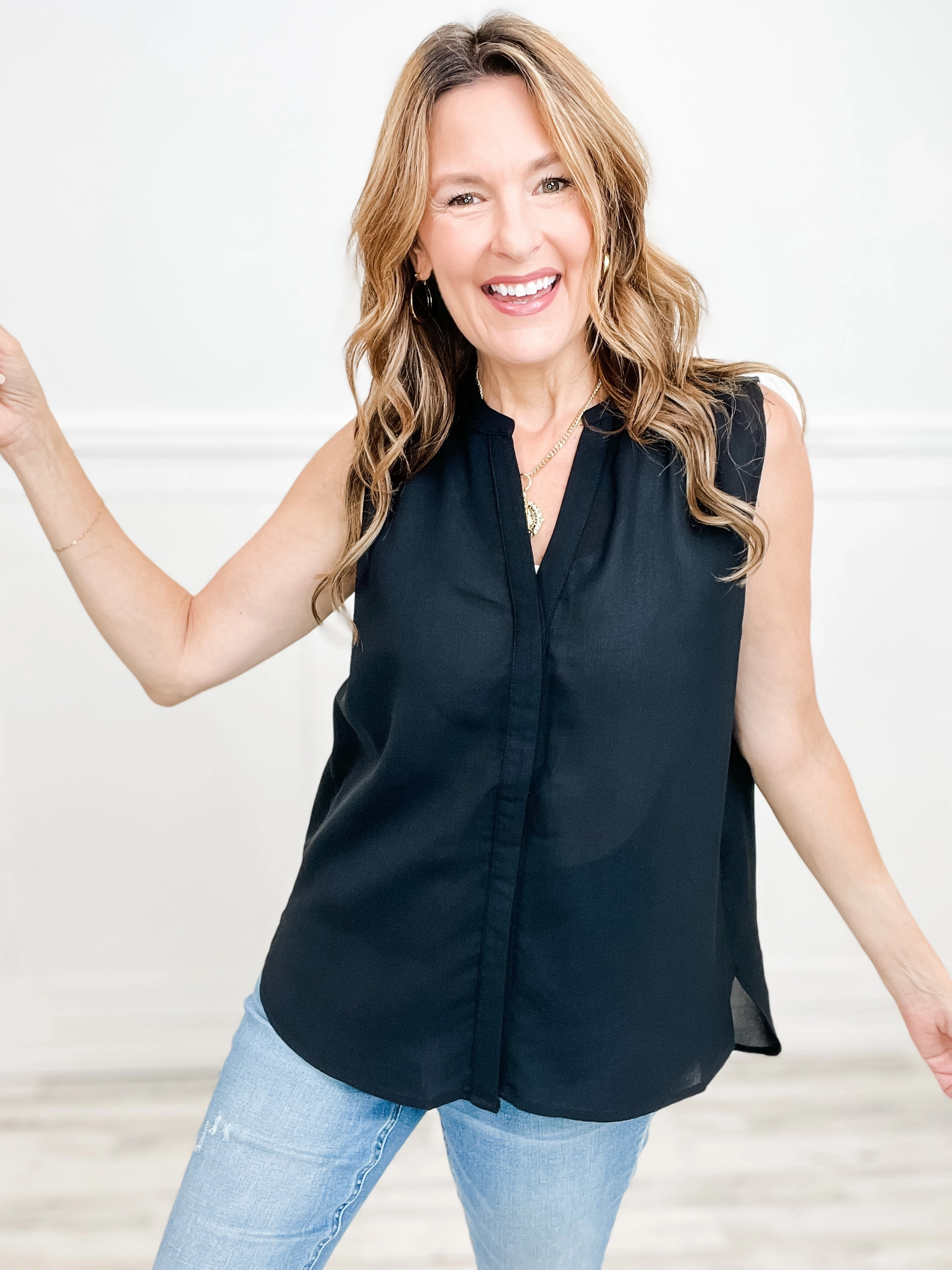 Sleeveless Woven Top With Back Pintuck Detail Hybrid Fabric Blend