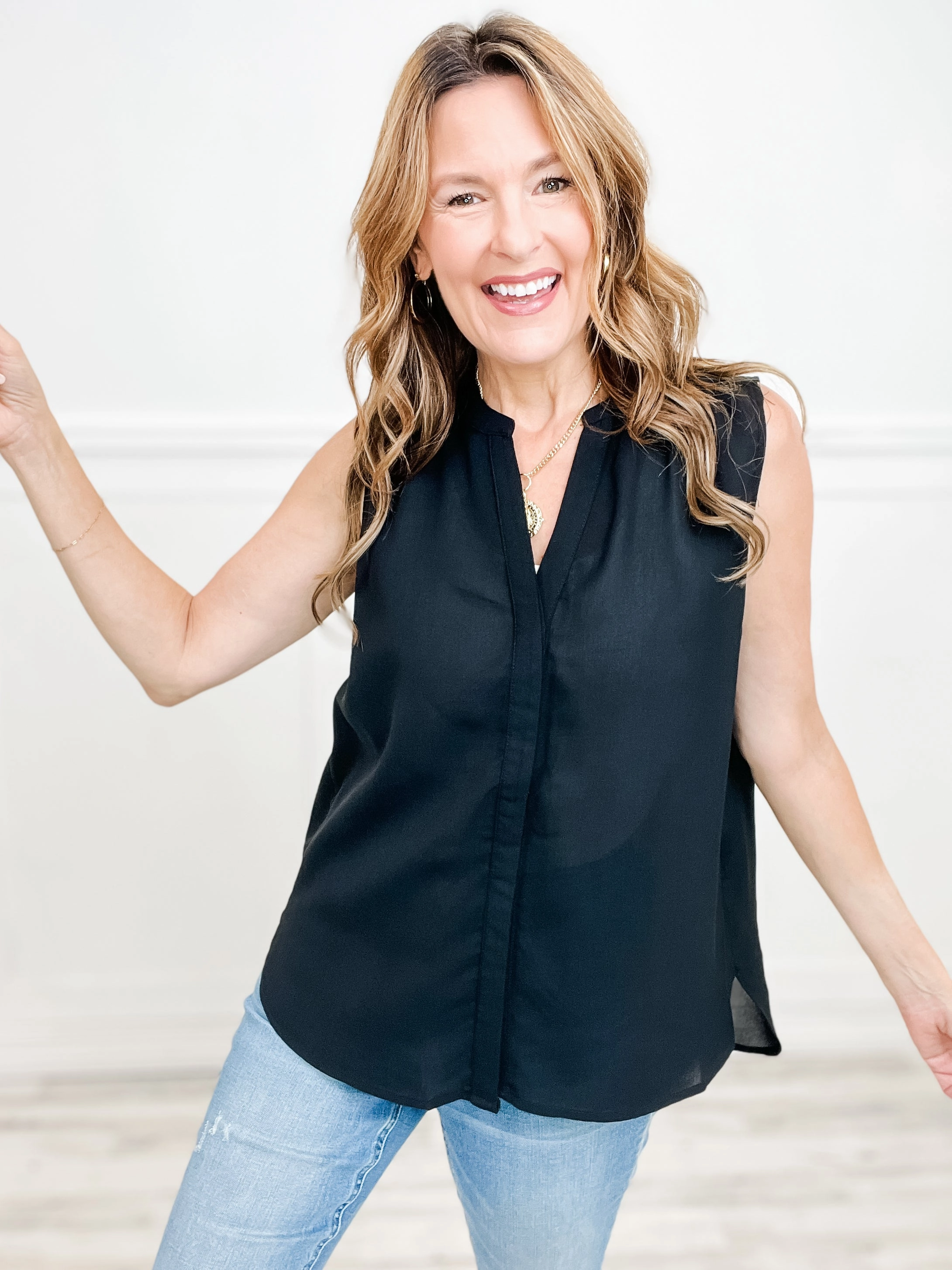 Sleeveless Woven Top With Back Pintuck Detail UltraLightweight Non Irritating Seam Finish