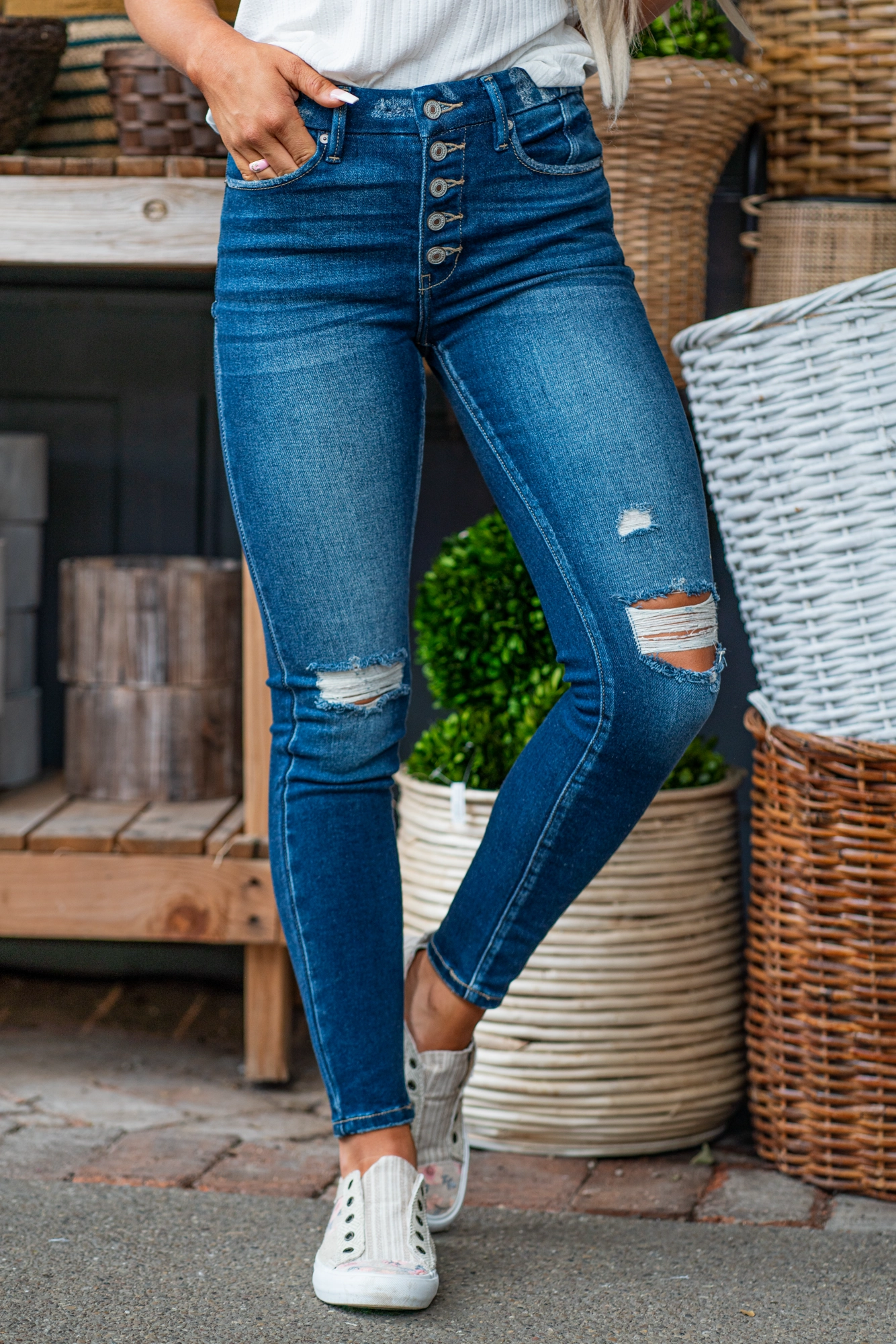 Kami High Rise Button Fly Skinny Neutral Lightweight Premium Fit