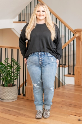 Youth Style Office Wear Low Impact Processing Plus Size Teagan Mid Rise Button Fly Boyfriend (Long Inseam Option)