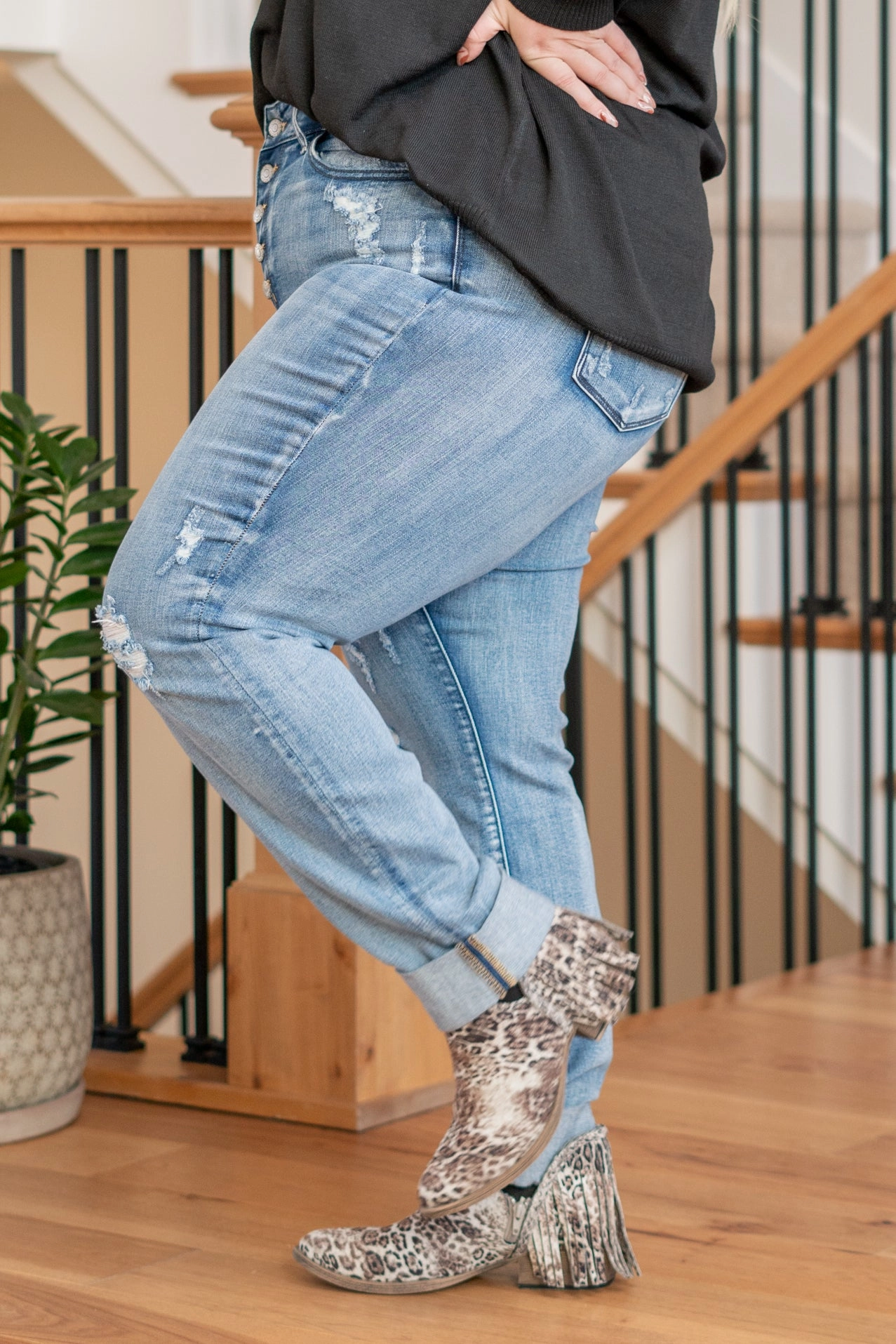 Plus Size Teagan Mid Rise Button Fly Boyfriend (Long Inseam Option) Winter Warmth Festival Outfit Outdoor Adventure