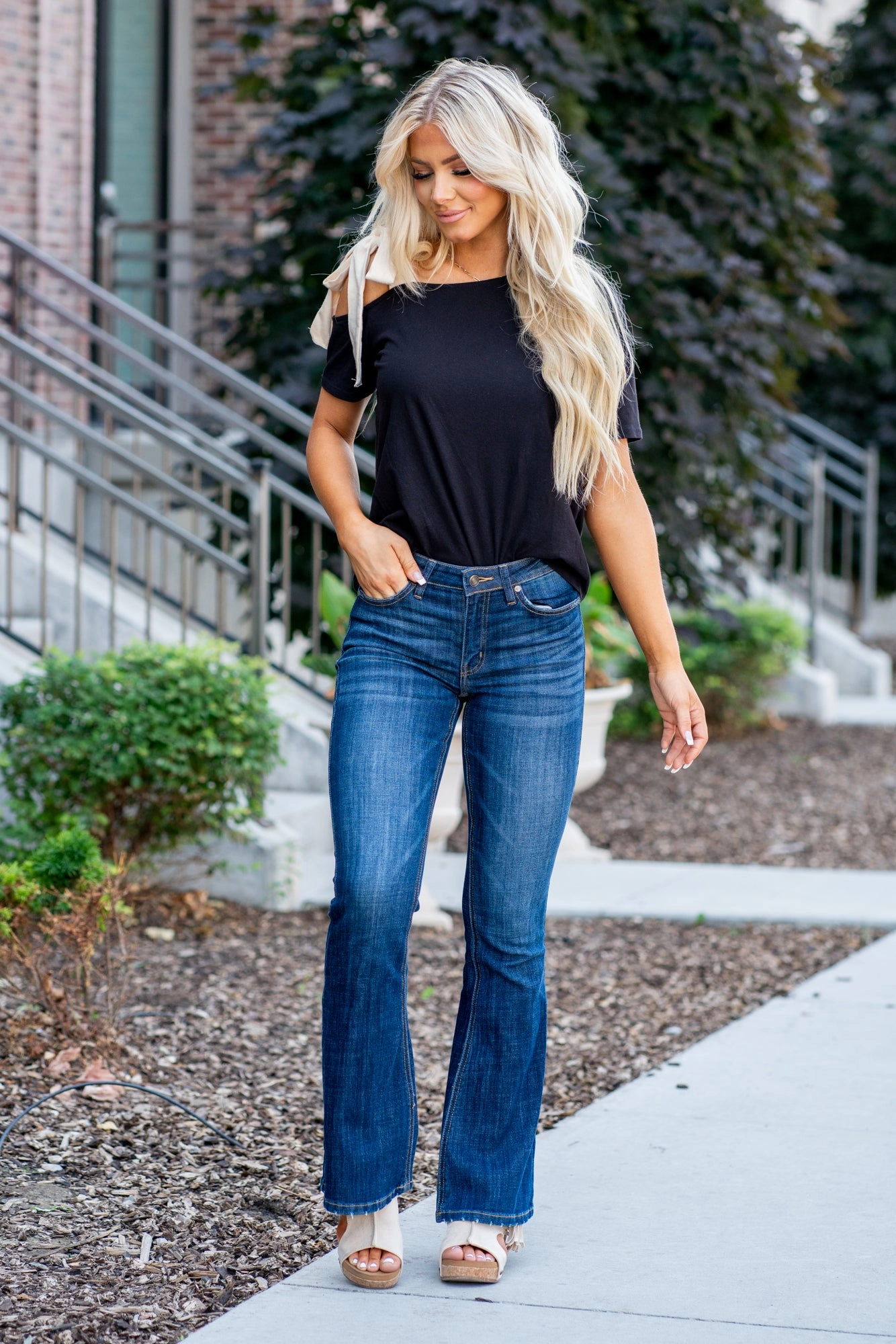 Sidney Mid Rise Flare Regular & Plus Sizes Distressed Detailing