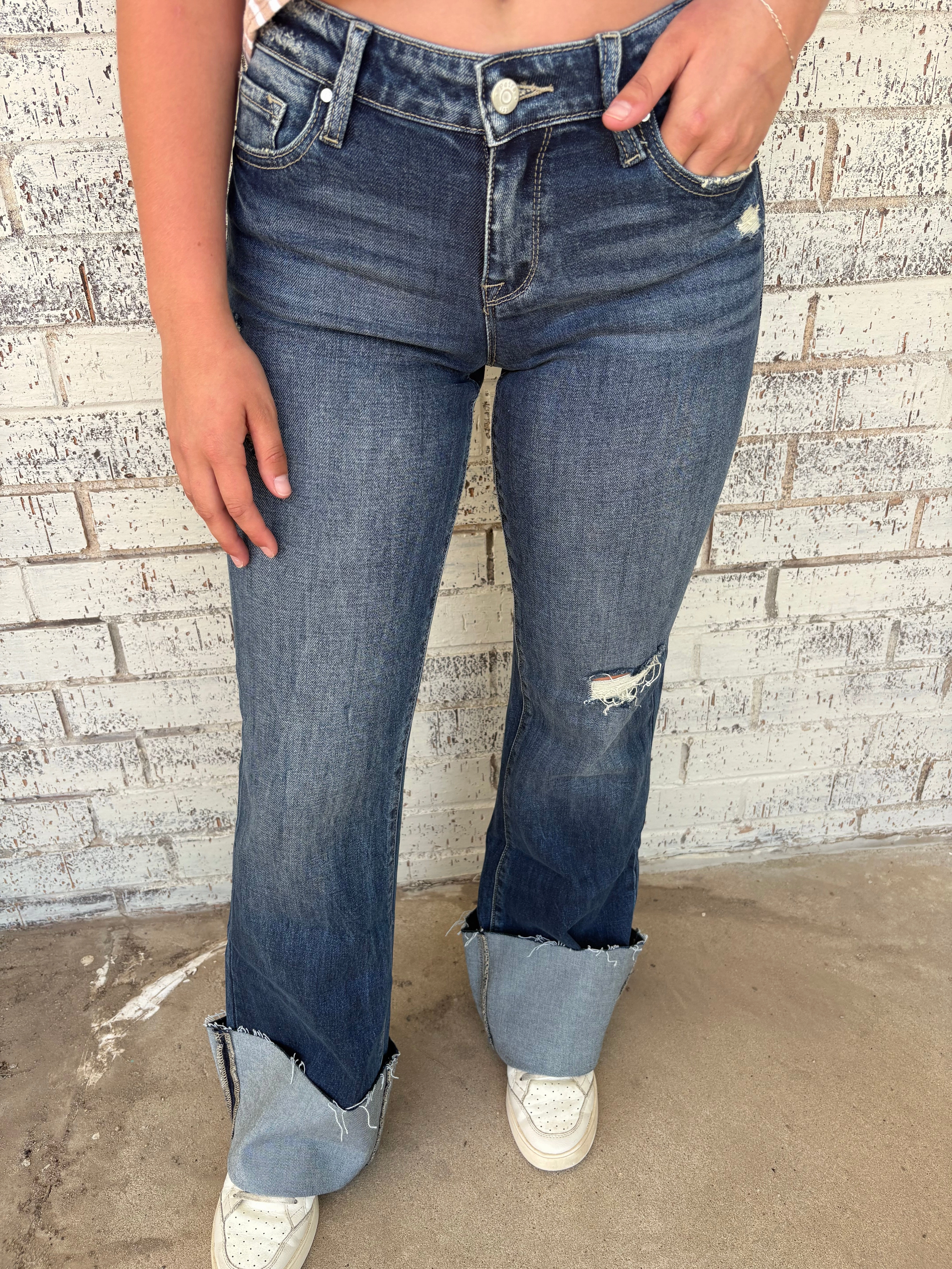 Breathable Mesh Panels Reversible design Petra Mid Rise Relaxed Flare w/ Cuffed Hem