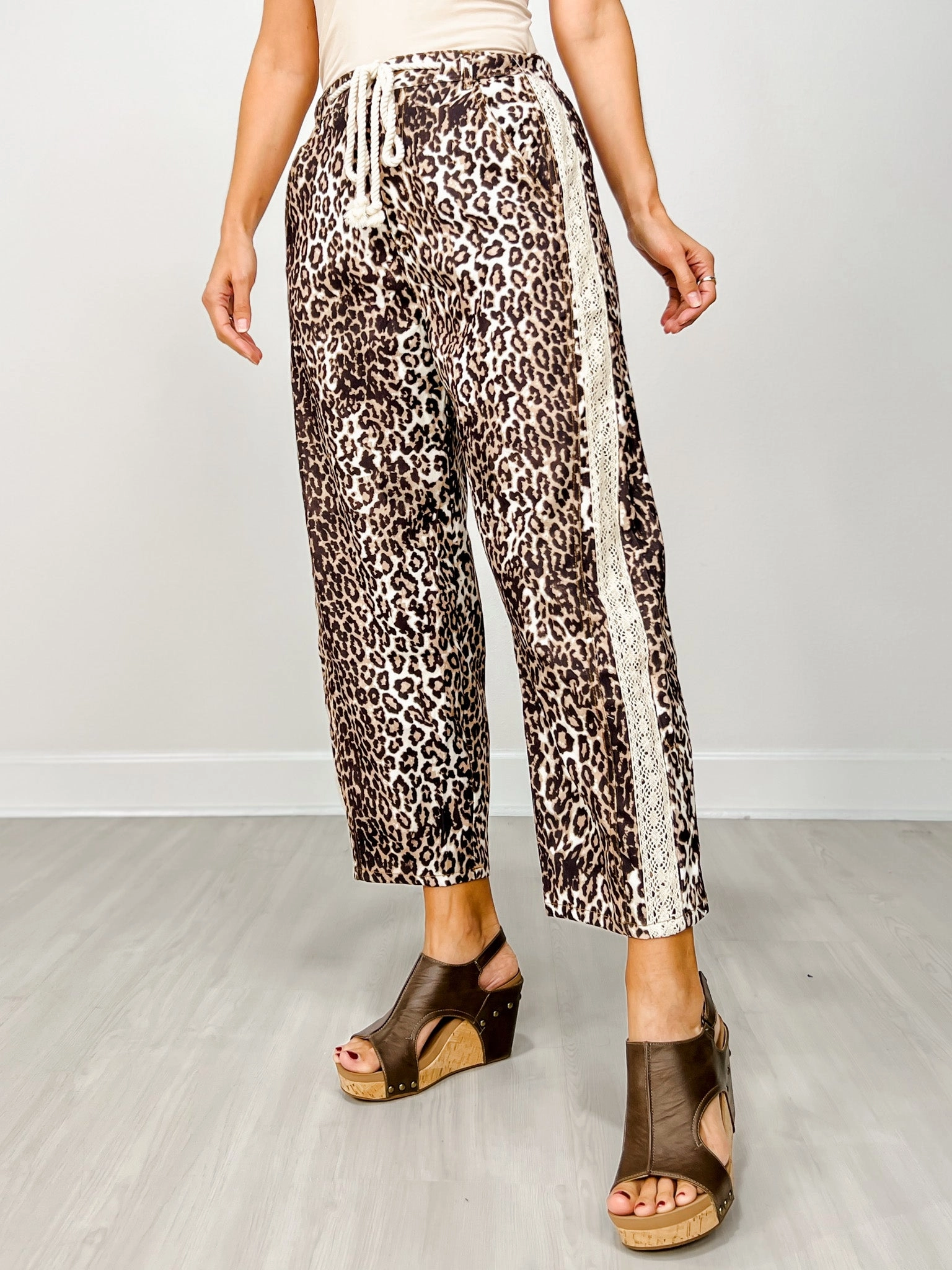 Leopard Print Cropped Pants with Drawstring Waist Cozy Waist Flattering Comfort Wear