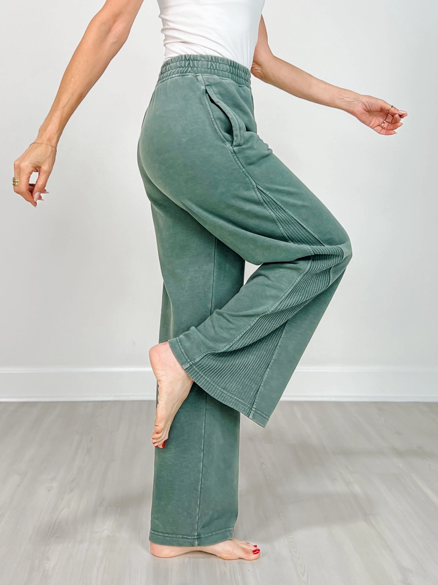 Mineral Washed Wide Leg Pant with Pockets in Regency Green Cozy and Relaxed MoistureWickingFabric