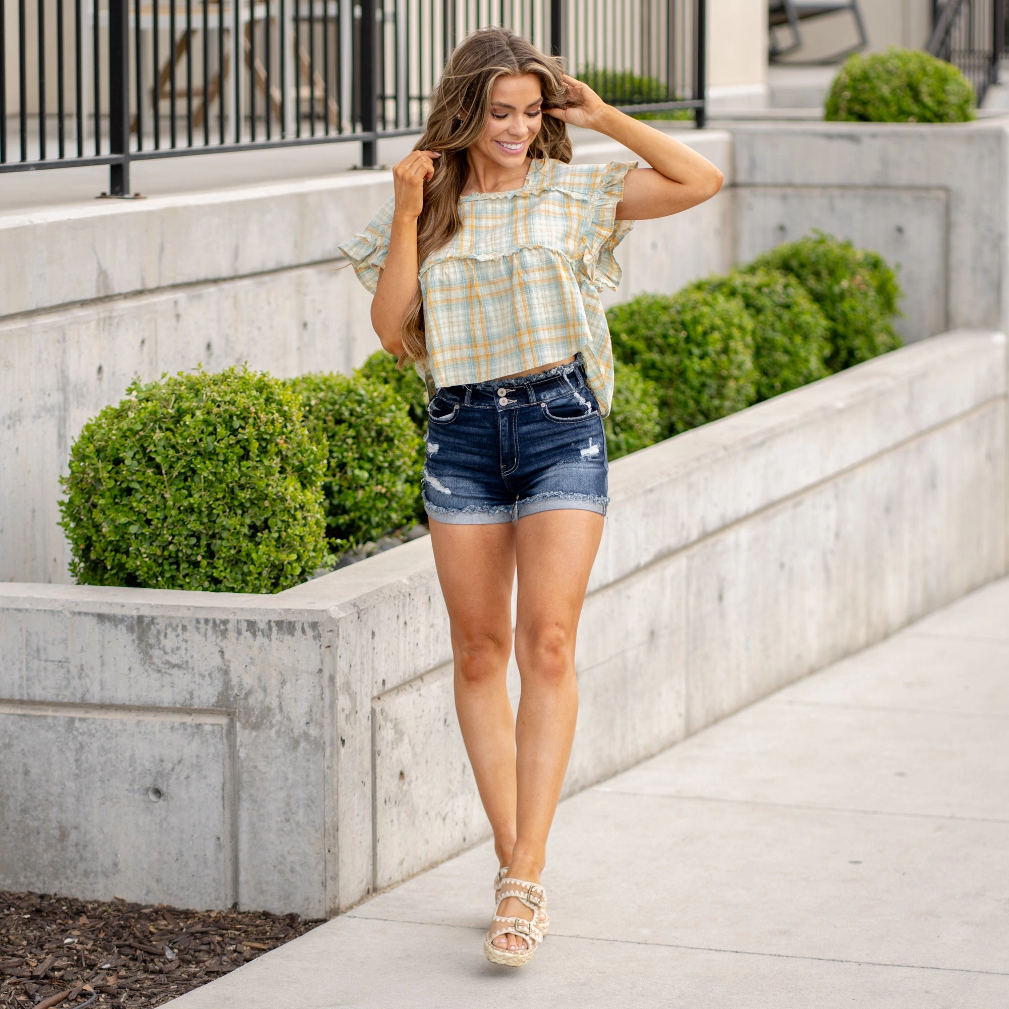 Plaid Ruffle Square Neck Top - Sage Blue Multi Pocket Utility