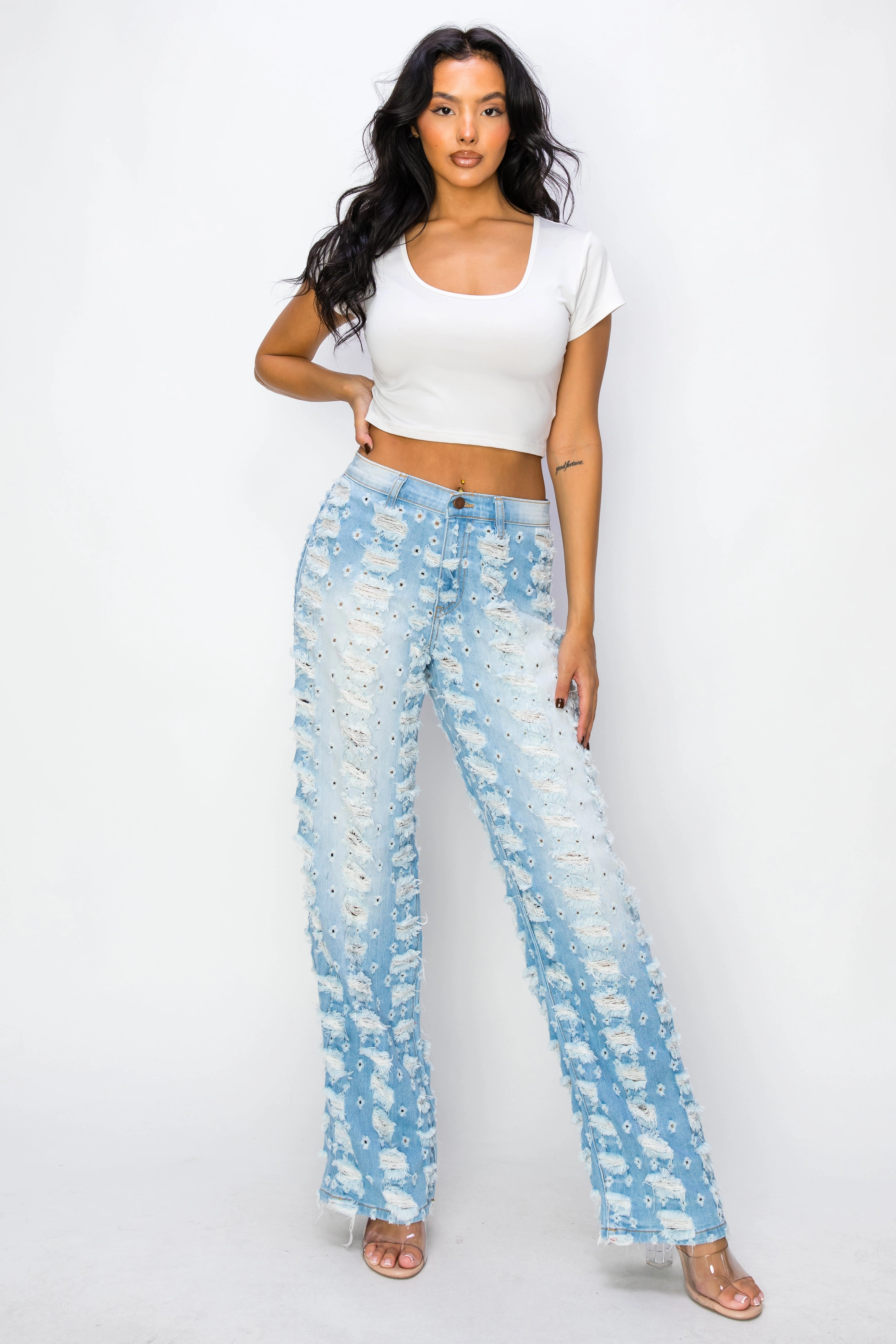 40642 Mid Rise Straight Leg Jeans W/ Large & Small Hole Patterned Destruction Functional Waist Trusted Outfit