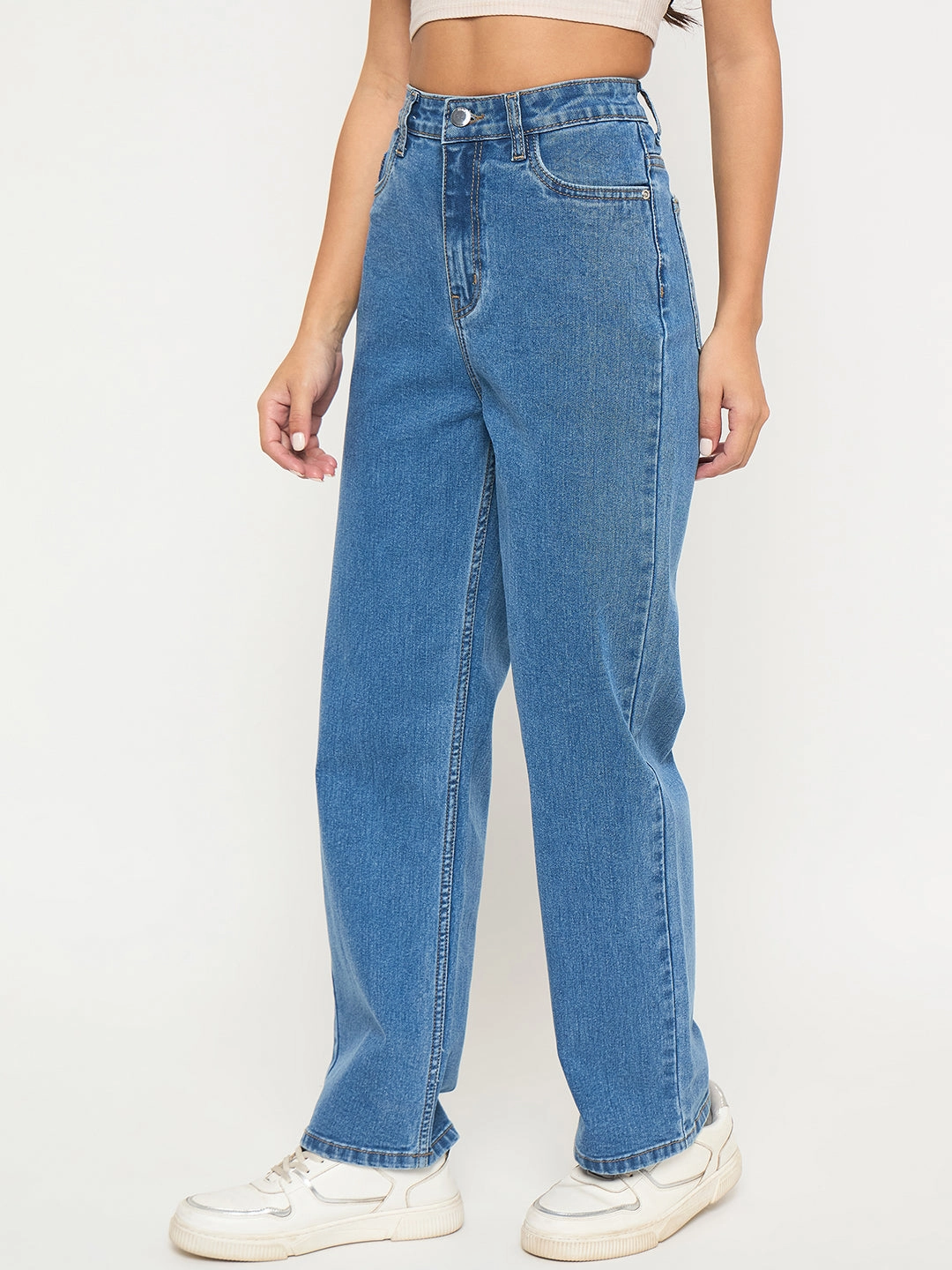 All-day Comfort Stretch Denim Technology Madame Acid Wash Mid Blue Cotton Blend Straight Jeans