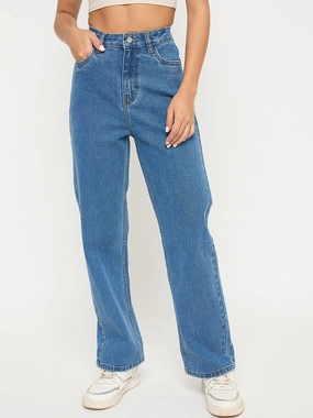 Madame Acid Wash Mid Blue Cotton Blend Straight Jeans Tailored Comfort