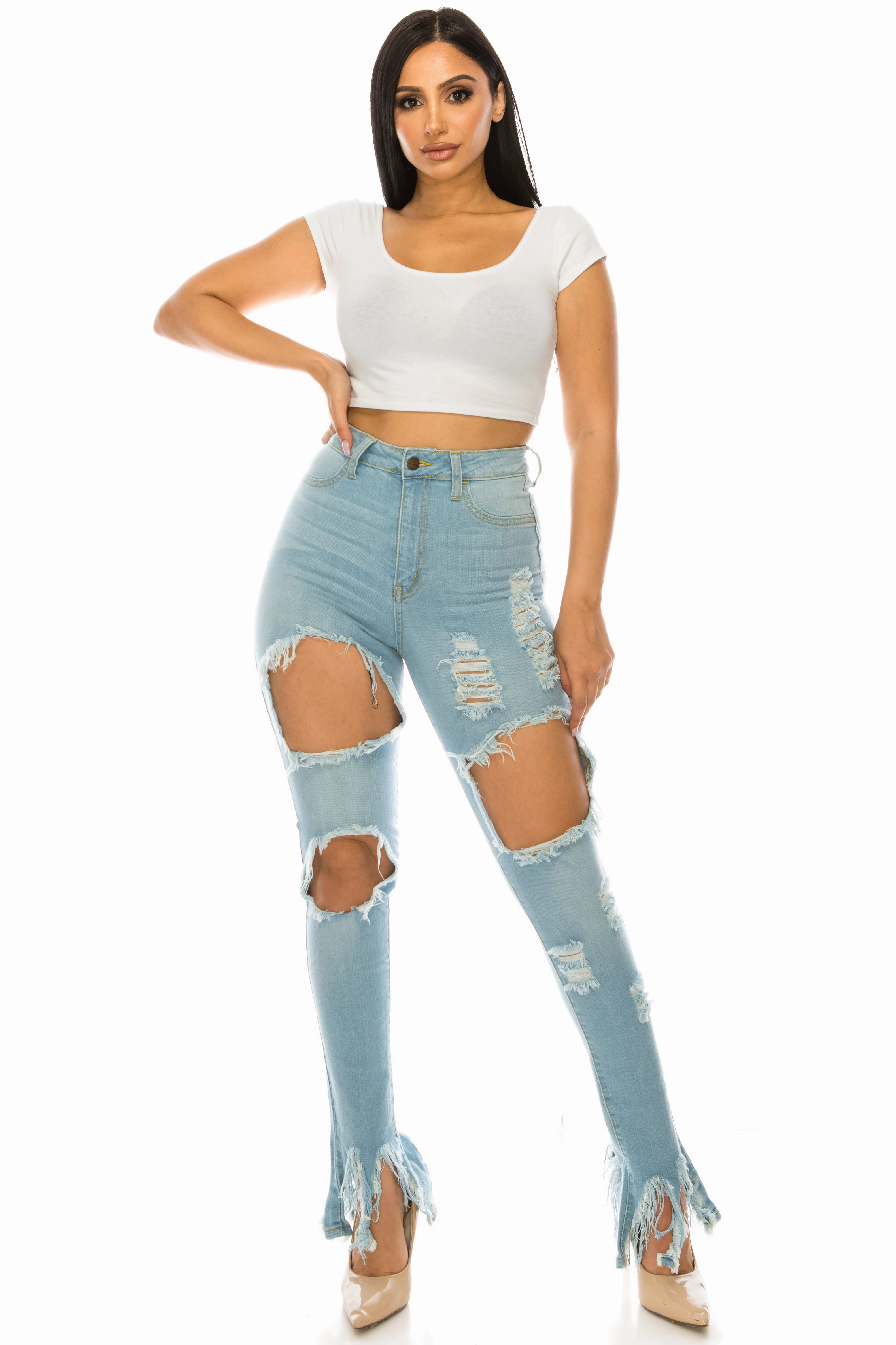 Style Element 4380 Women's High Waisted Distressed Skinny Jeans with Cut Outs and Frayed Hem