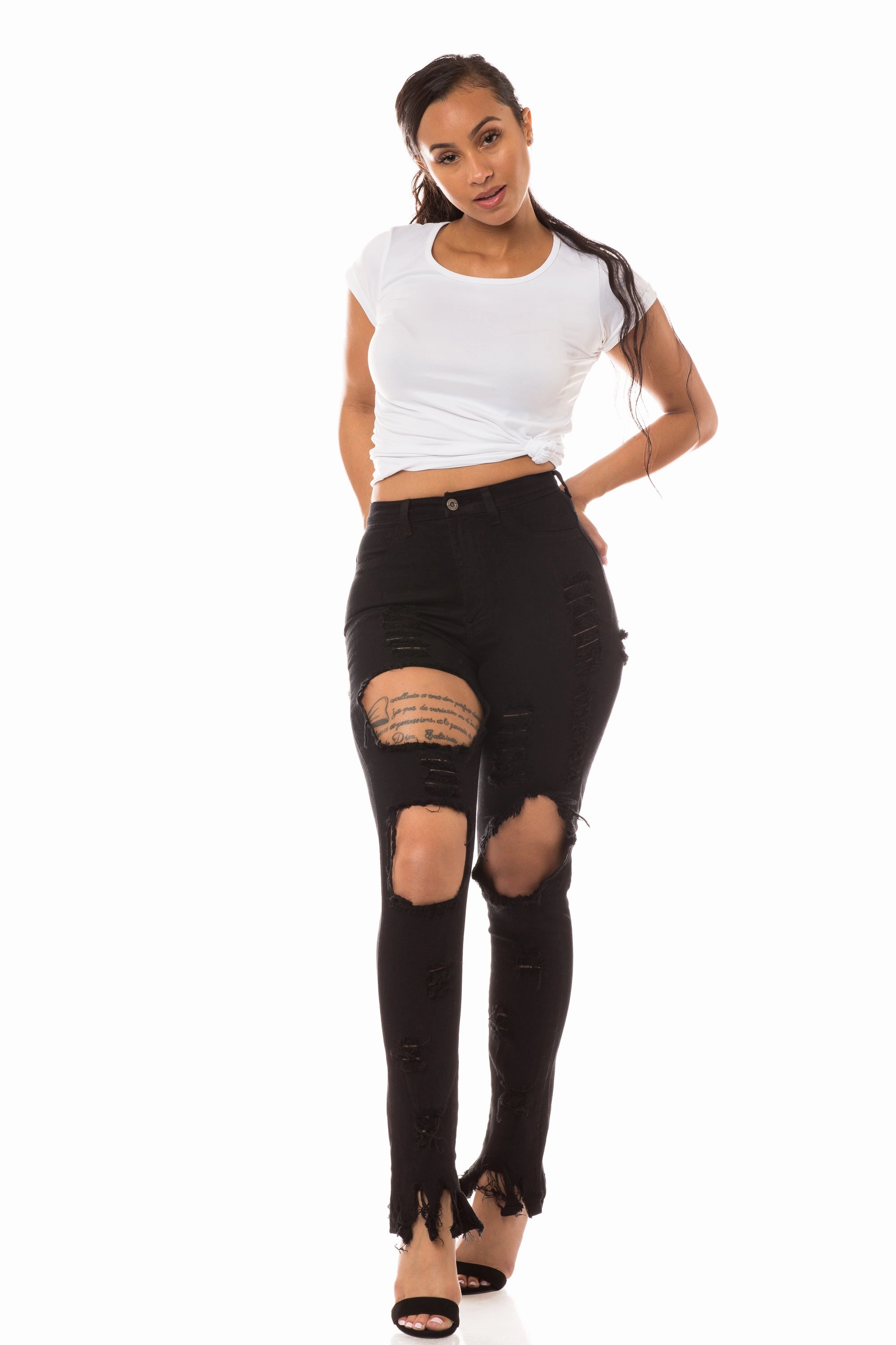 Slim Smooth Versatile Fit 4380 Women's High Waisted Distressed Skinny Jeans with Cut Outs and Frayed Hem