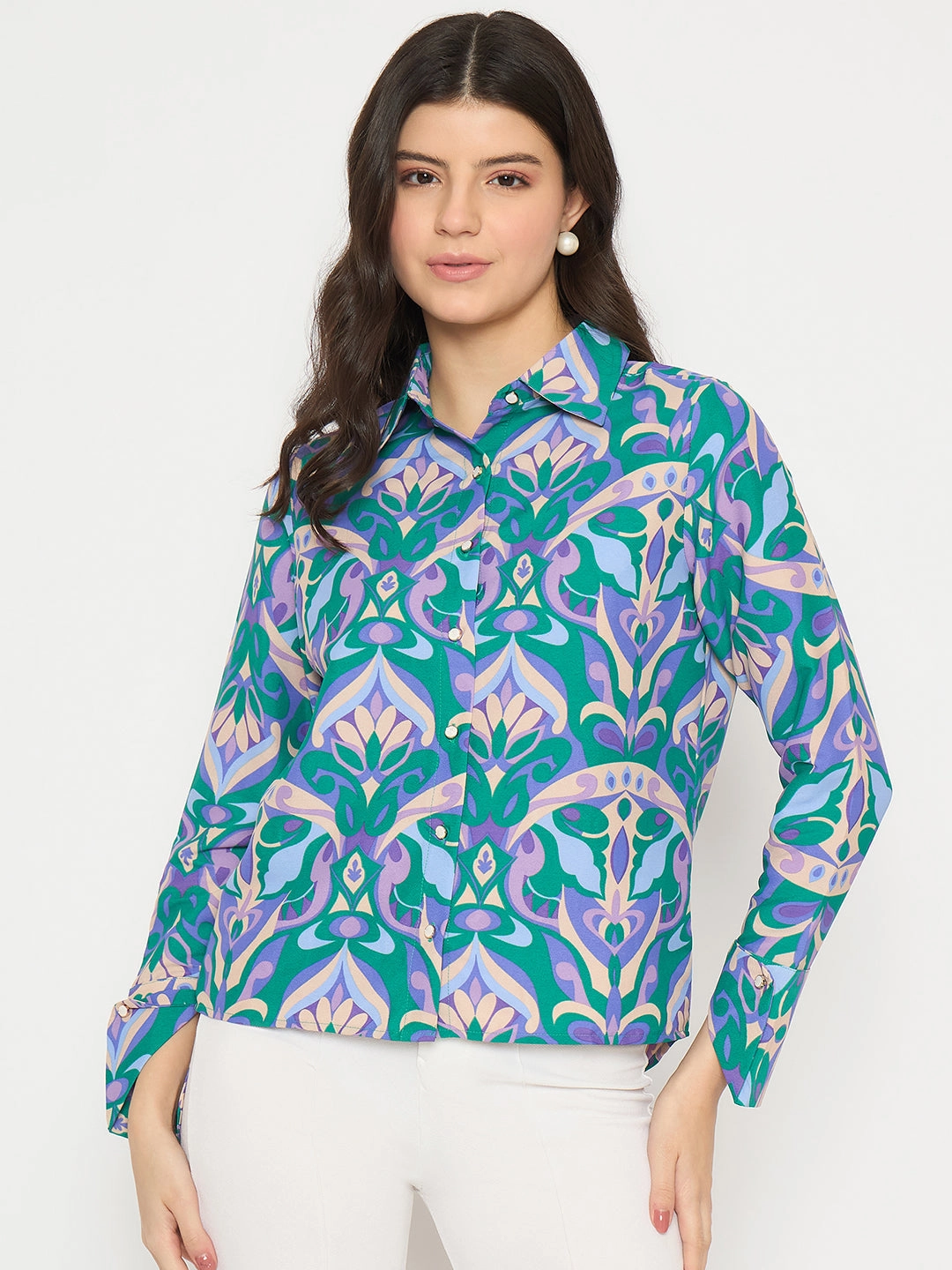 Premium Style Madame All Over Print Full Sleeve Green Shirt