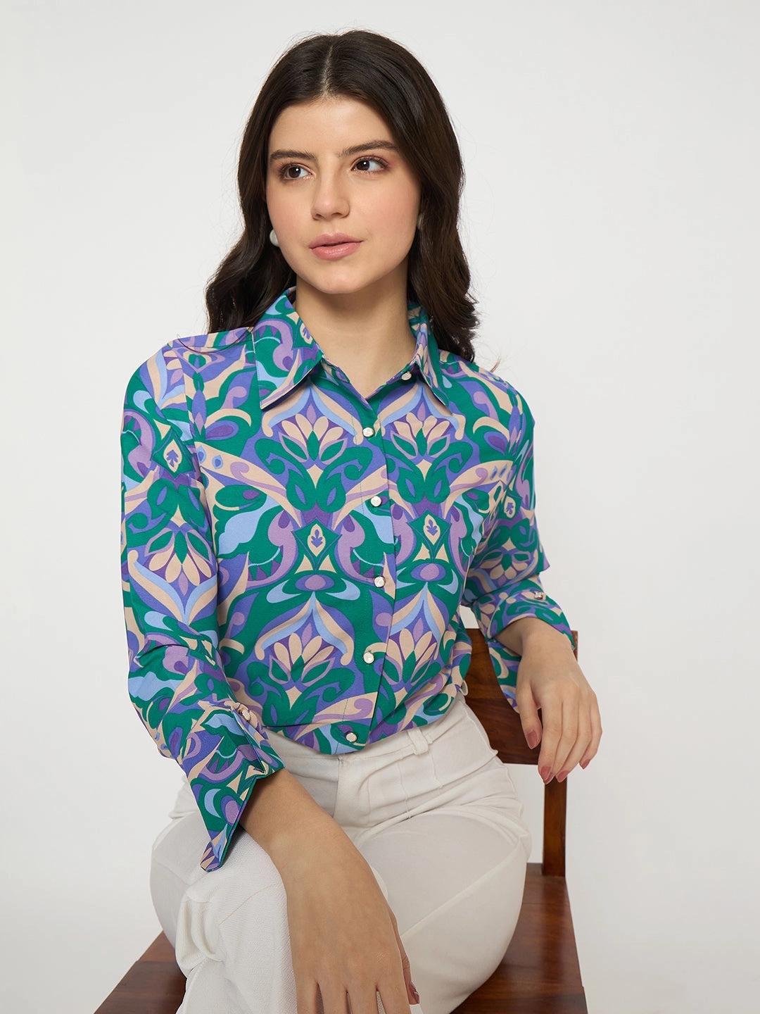 Classic Wear Madame All Over Print Full Sleeve Green Shirt