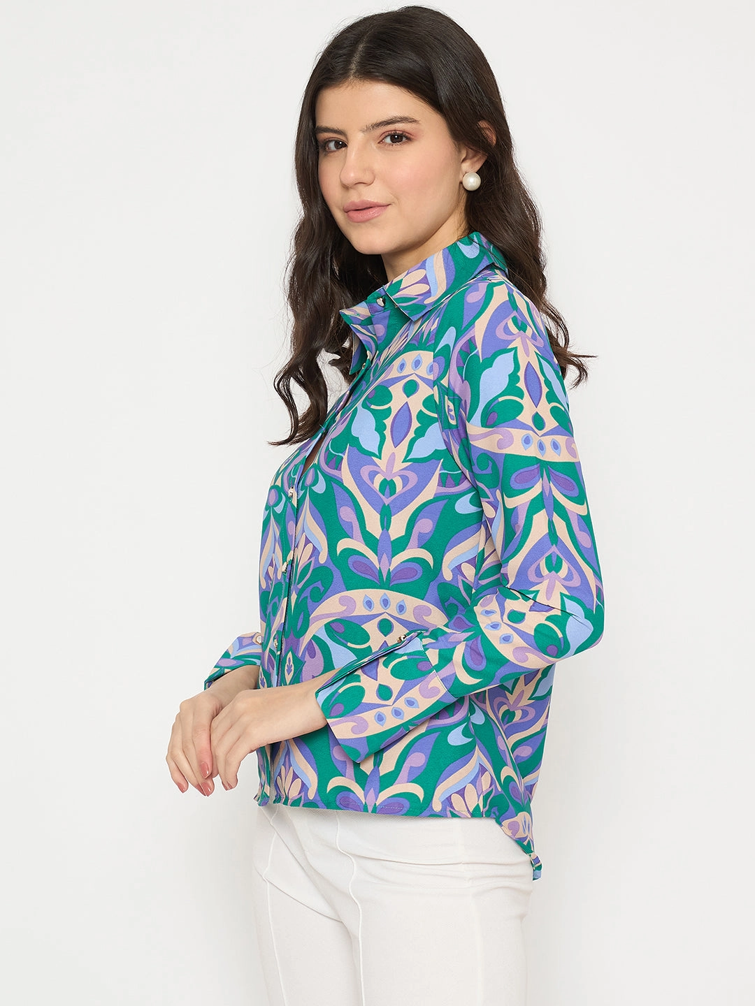 Stretch Material Relaxed Vibe Madame All Over Print Full Sleeve Green Shirt